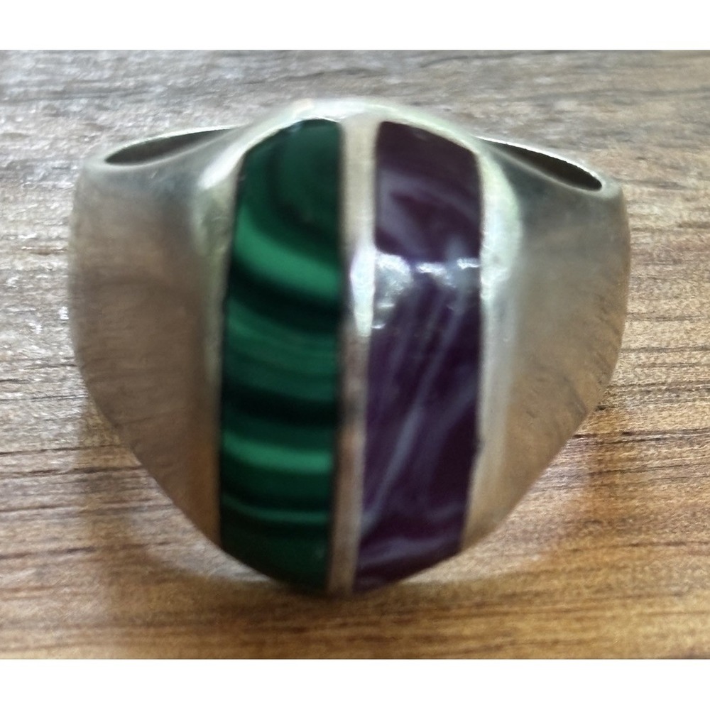 Sterling Silver Malachite And Purple Agate Ring Size 7.75